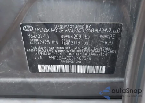 2012 Hyundai Sonata Gls z USA, uszkodzony, nr VIN 5NPEB4AC0CH407579
